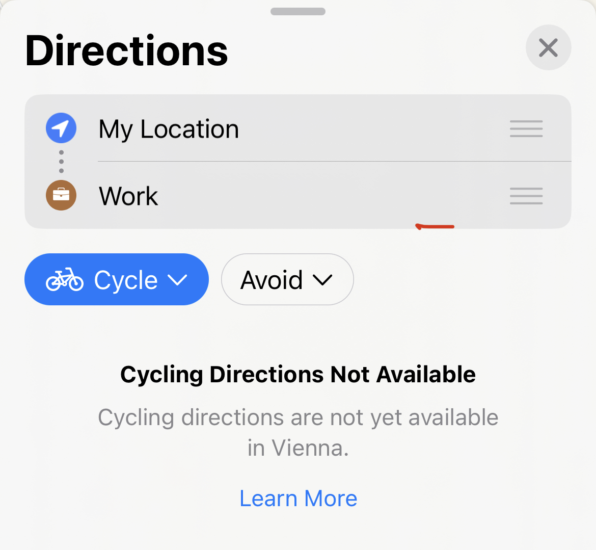 Screenshot of iOS 16 showing that cycling directions are not available in Vienna