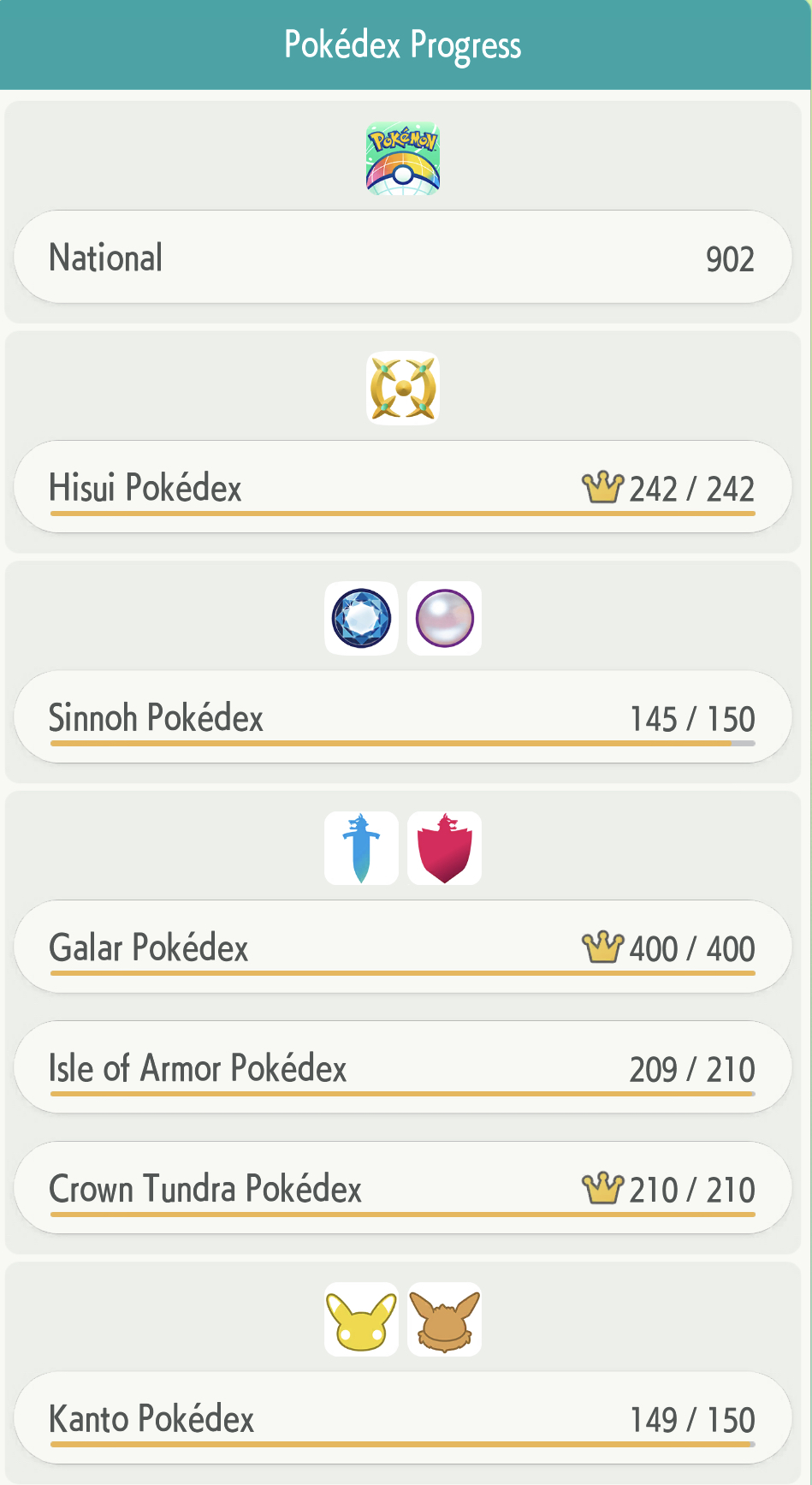 screenshot of pokedex progress in pokemon home app showing a couple of missing entries