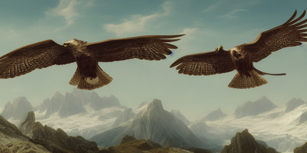 Matte painting of two hawks soaring through the Austrian Alps, but one hawks head is on its wings