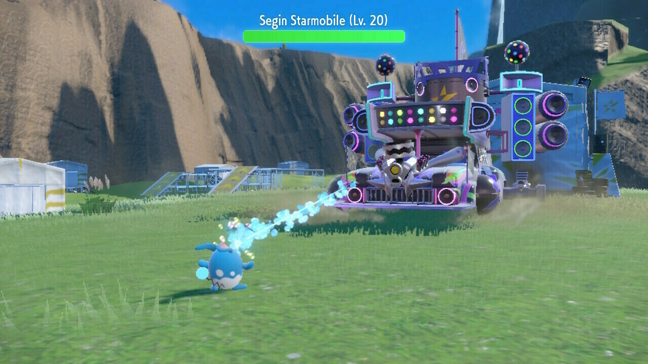 Screenshot of Pokémon Violet: Azumarill is using Bubble Beam against Segin Starmobile, a car with a lot of speakers and disco lights