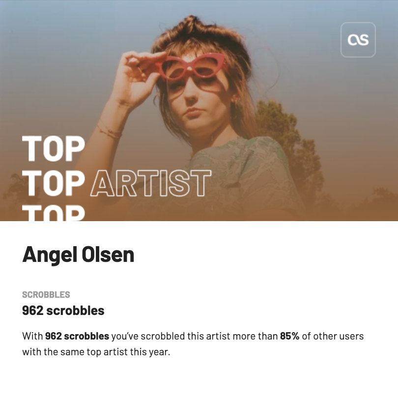 Last.fm Top Artist
&10;Angel Olsen (962 scrobbles)
&10;With 962 scrobbles you've scrobbled this artist more than 85% of other users with the same top artist this year.